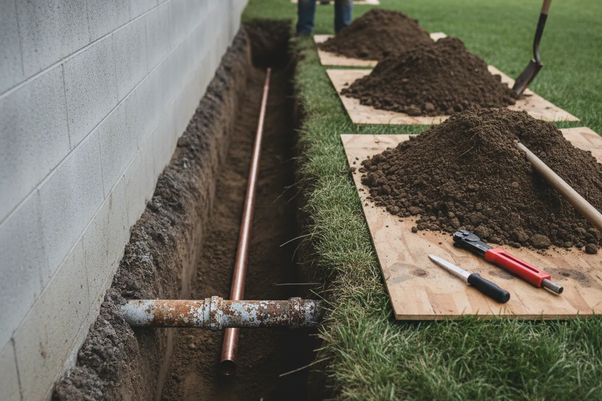 Excavated water line trench during Water Softener Installation in Magna